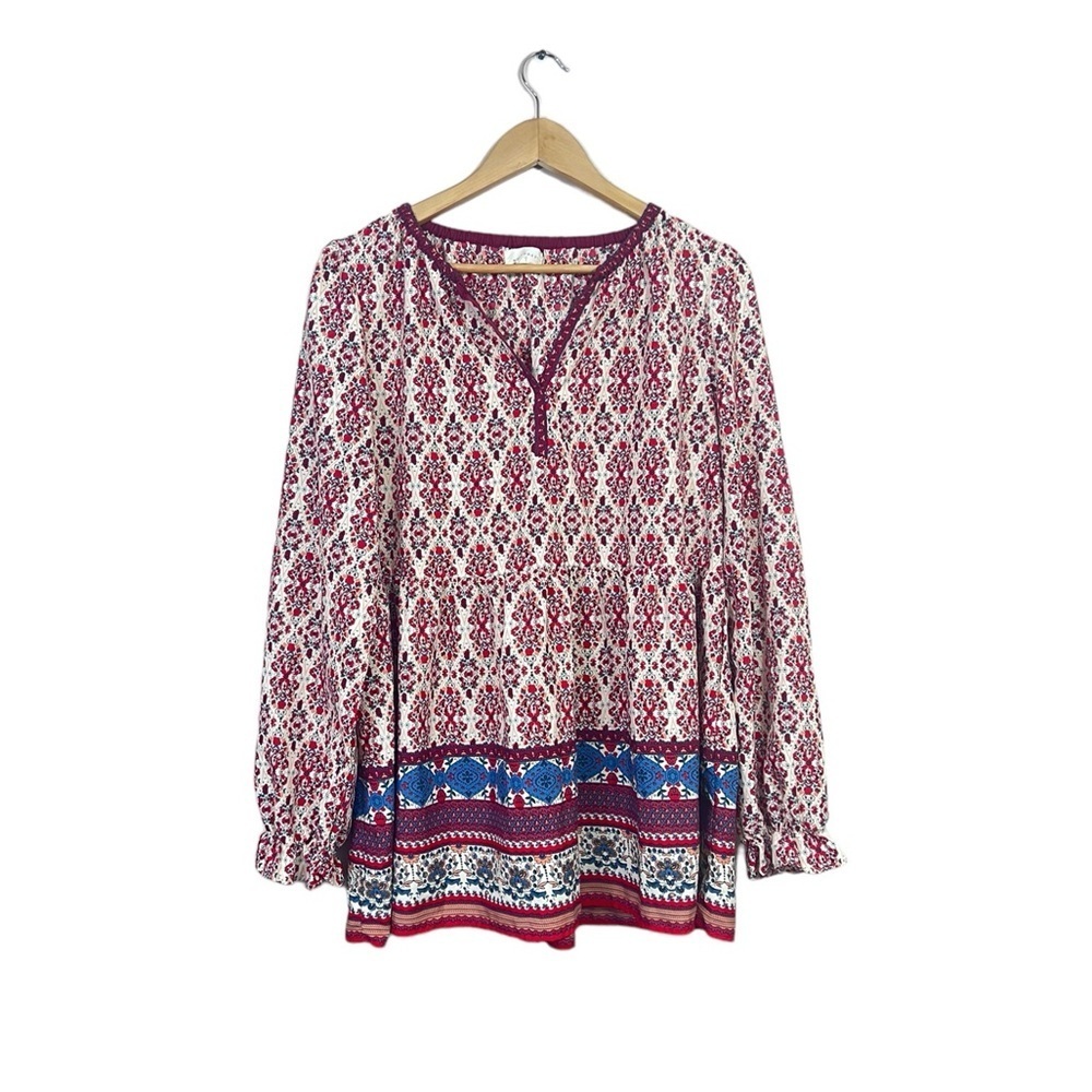Melloday Women Floral Paisley Bohemian Print V-Neckline Long Sleeve Blouse